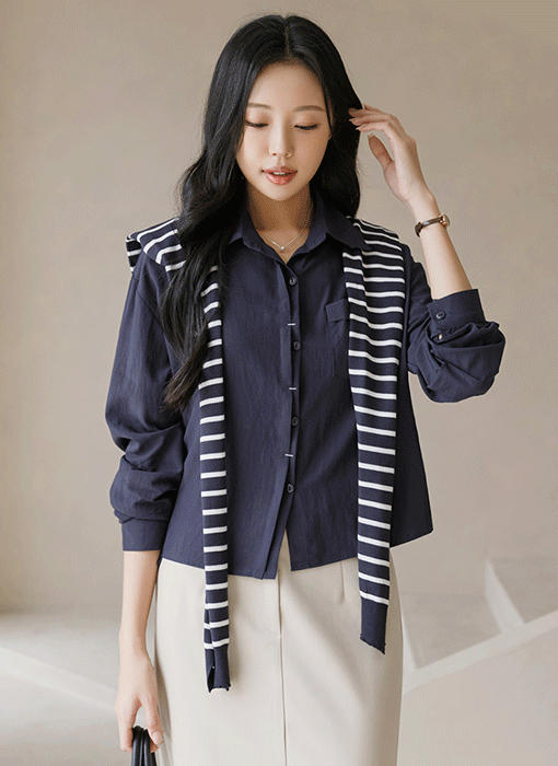 [The Onme] Detachable Stripe Shawl with Button Detail Shirt SET