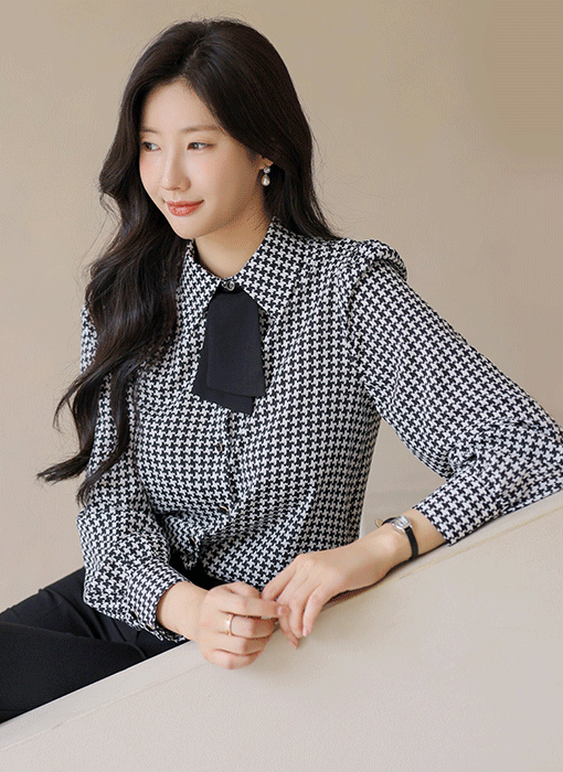 [LouisAngel] Sophisticated Houndstooth Tie Blouse