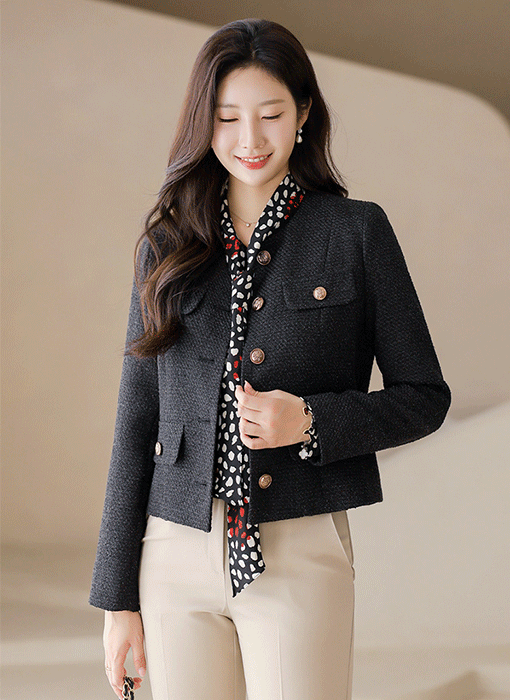 [LouisAngel] Elegant Collarless Metallic Tweed Jacket