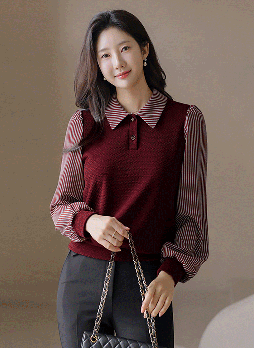 [LouisAngel] Striped Collar Contrast Blouse Tee