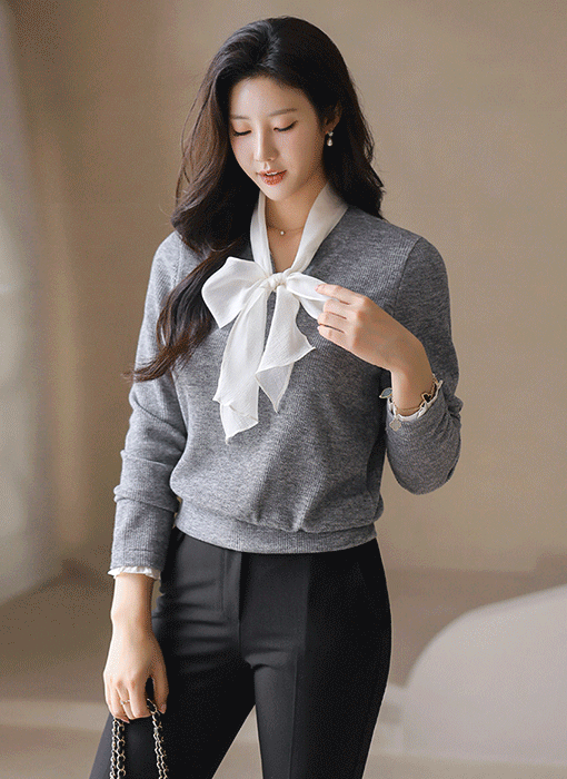 [LouisAngel] Romantic Chiffon Tie Ribbed Jacquard Top