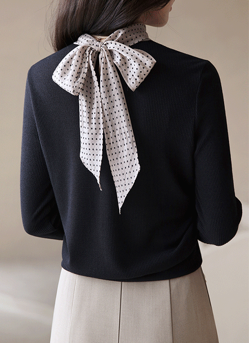 [LouisAngel] Contrast Polka Dot Scarf Neck Ribbed Top