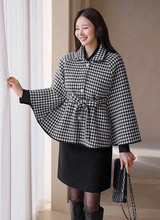 Houndstooth Elegance Belt Cape Jacket