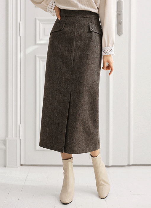 Classic Herringbone Wool Blend H-Line Skirt