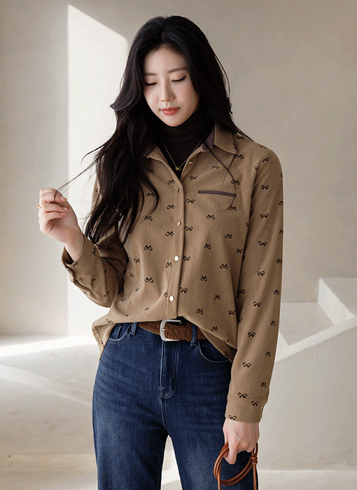 [LouisAngel] Chic Ribbon Accent Corduroy Shirt