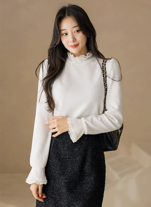 [LouisAngel] Lace Frill Ribbed Warm Blouse Tee