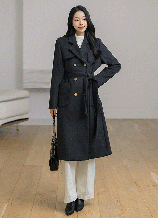 Classic Belted Herringbone Long Coat
