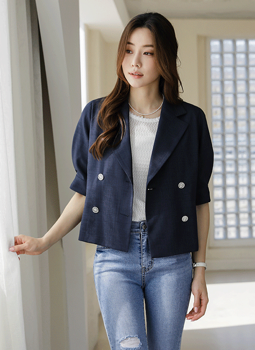 [Louis Angel] Double Breasted Puff Half Sleeve Cropped Jacket