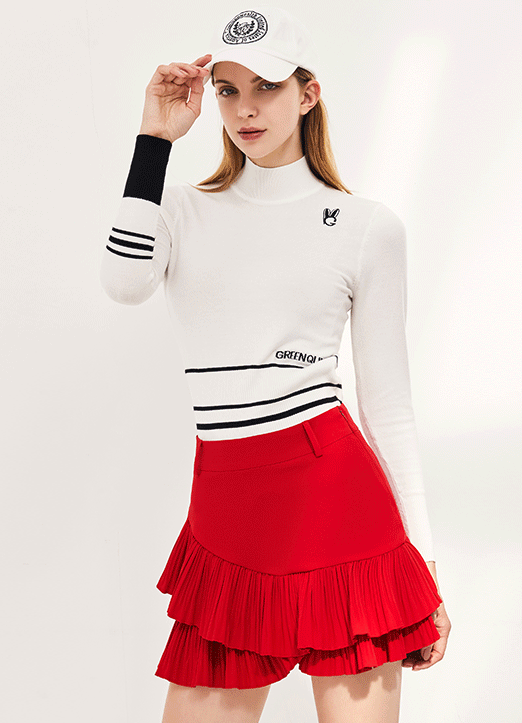 [QoG] Contrast Stripe Lettering Mock Neck Knit Top