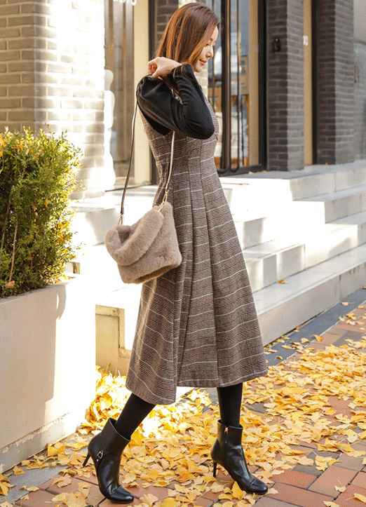 [Louis Angel] Glen Check V-Neck Sleeveless Paneled Flare Dress