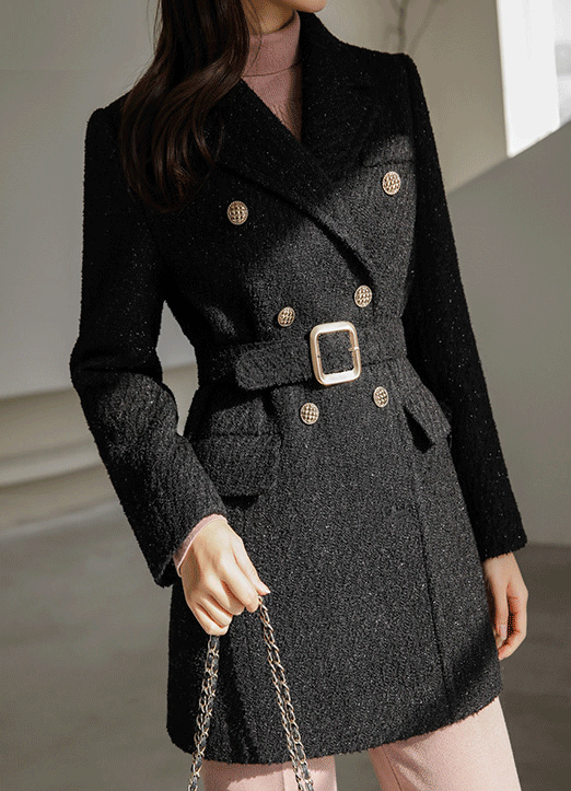 [Louis Angel] Wool40 Double Breasted Metallic Self-Belted Coat