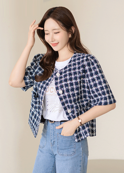 Jewel Button Puff Half Sleeve Metallic Tweed Jacket