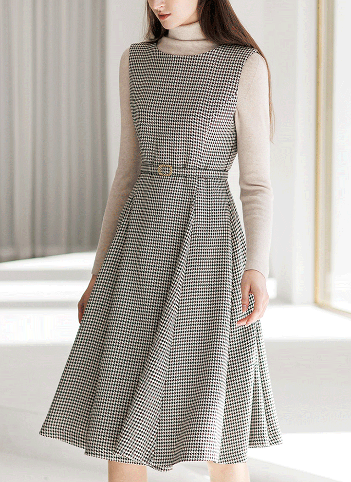 [LouisAngel] Self-Belted Sleeveless Houndstooth A-Line Dress
