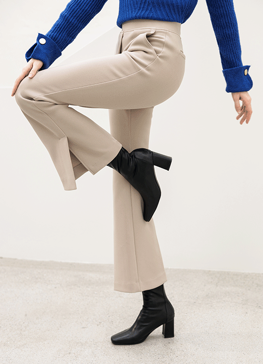 [The Onme] Wide Elastic Waistband Side Slit Brushed Slim Boot-cut Slacks