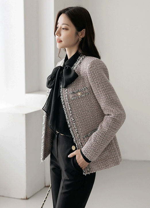 Contrast Fringe Trim Collarless Open Tweed Jacket