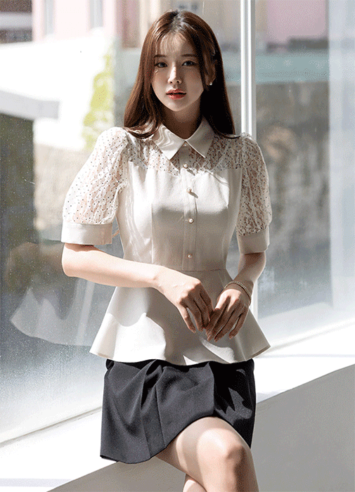[LouisAngel] Sheer Dot Lace Yoke Collared Peplum Blouse
