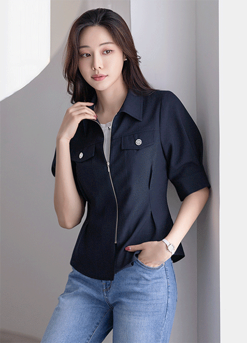 [LouisAngel] Linen-Like Pintuck Waist Zip-Up Jacket