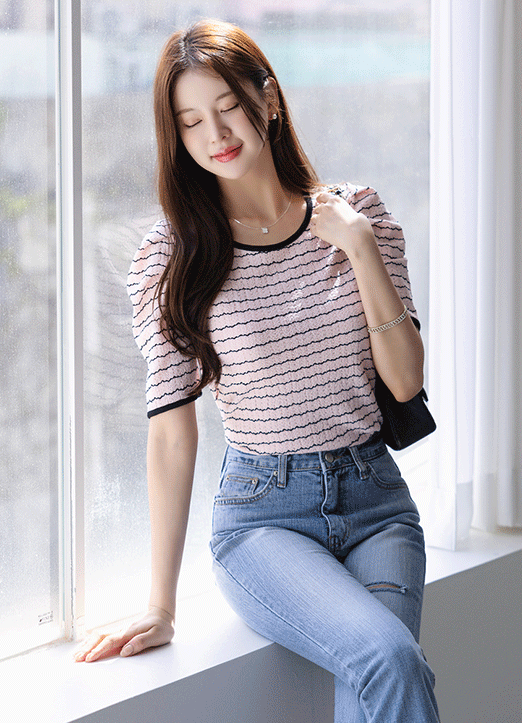 [LouisAngel] Contrast Trim Puff Sleeve Striped Seersucker Top