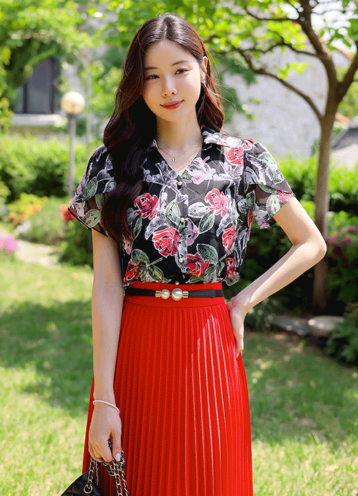 [LouisAngel] Vivid Rose Allover Chiffon Blouse