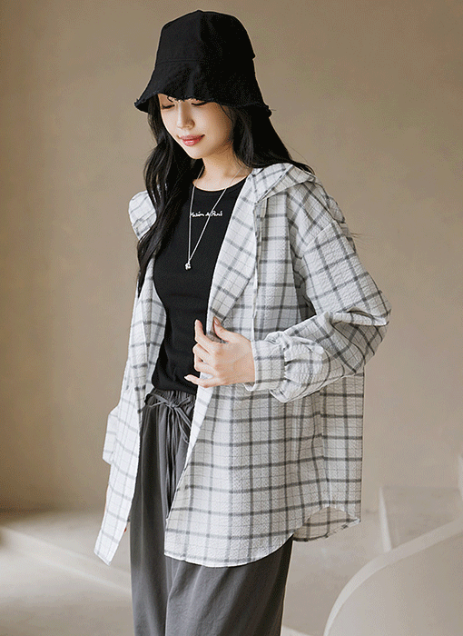 [The Onme] Oversized Plaid Cotton Hooded Shirt