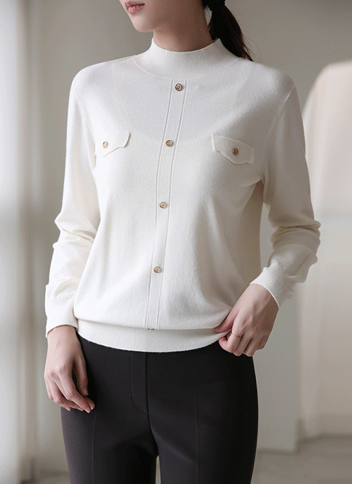 (6 Colors) Gold Button Detail Mock Neck Knit Top