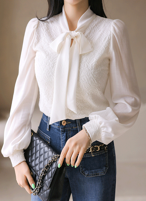 [LouisAngel] Rose Jacquard Tie-Neck Blouse