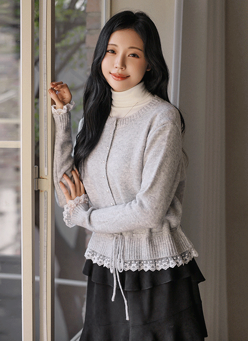 [The Onme] Lace-Hem Drawstring Knit Cardigan