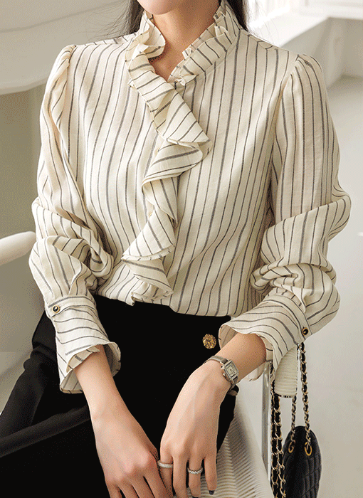 [LouisAngel] Modern Stripe Cascading Ruffle Blouse