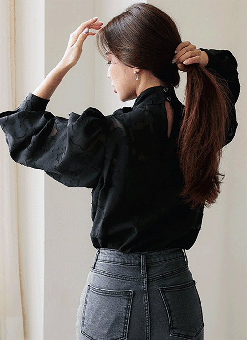 [Louis Angel] Side Tie-Neck Flower Jacquard Blouse