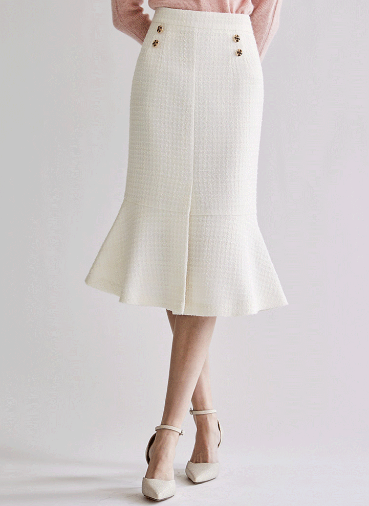 High Waist Ruffle Hem Tweed Midi Skirt