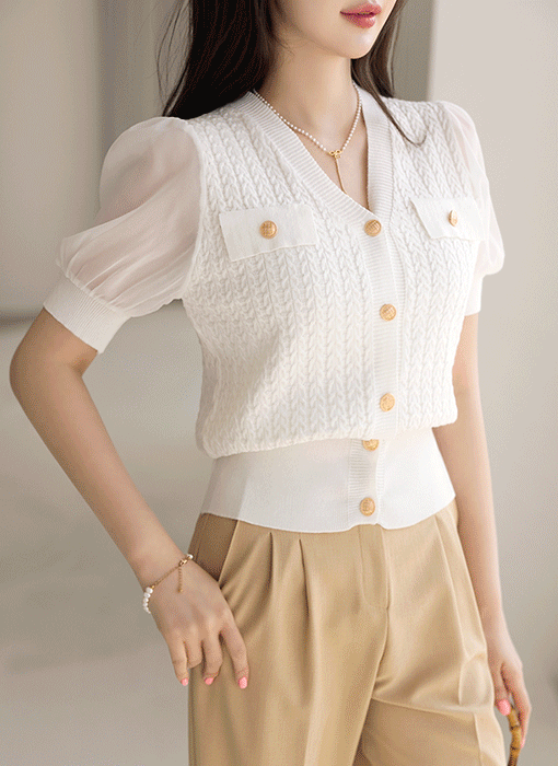 [LouisAngel] Chiffon Sleeve Cable Knit Button Blouse (Short/Long Sleeve)