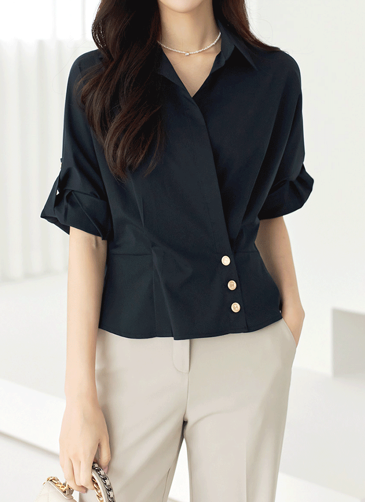 [Louis Angel] Roll-Up Sleeve Shirred Back Wrap Blouse