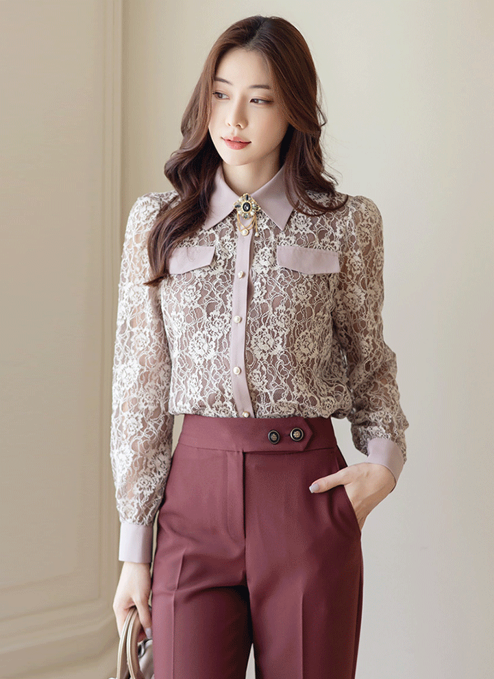[Louis Angel] Contrast Trim Collared Two-Tone Floral Lace Blouse