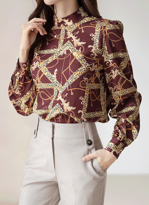 [LouisAngel] Leopard Chain Print Mock Neck Blouse w/ Tie