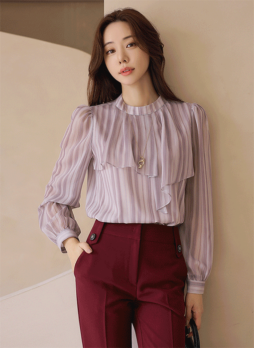 [LouisAngel] Ombre Striped Ruffle Blouse