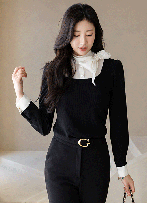 [LouisAngel] Contrast Bow Ribbed Blouse Top