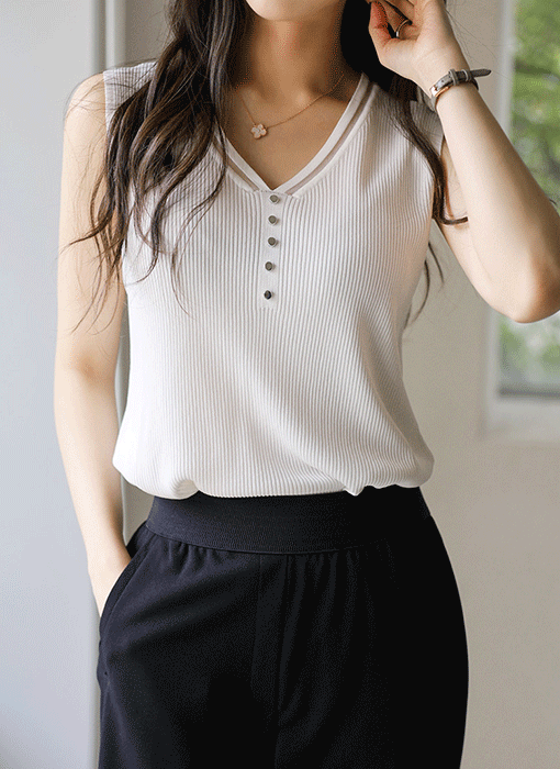 Sheer Trim V-Neck Ribbed Knit Sleeveless Top