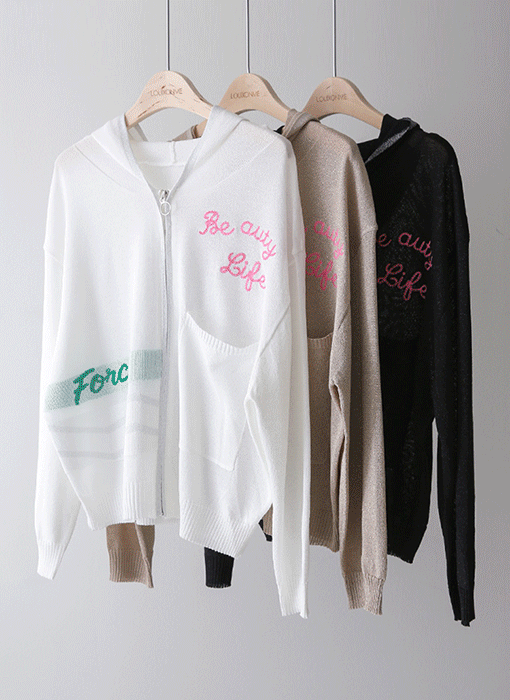 Shimmer Sheer Knit Hooded Zip-Up Cardigan