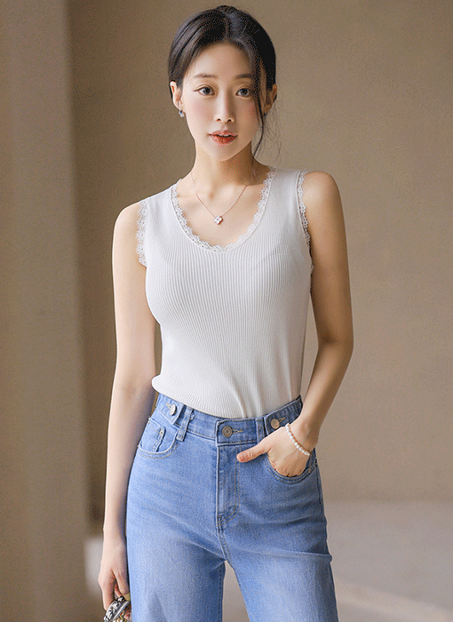 Elegant Lace Edge Ribbed Sleeveless Knit Top