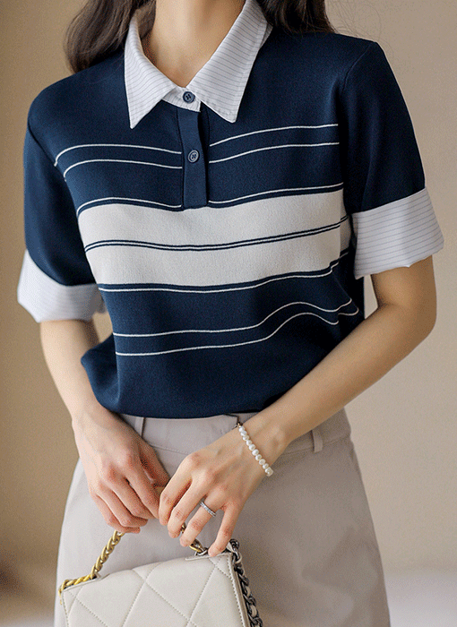 셔츠 배색 스트라이프 5부 소매 카라 니트