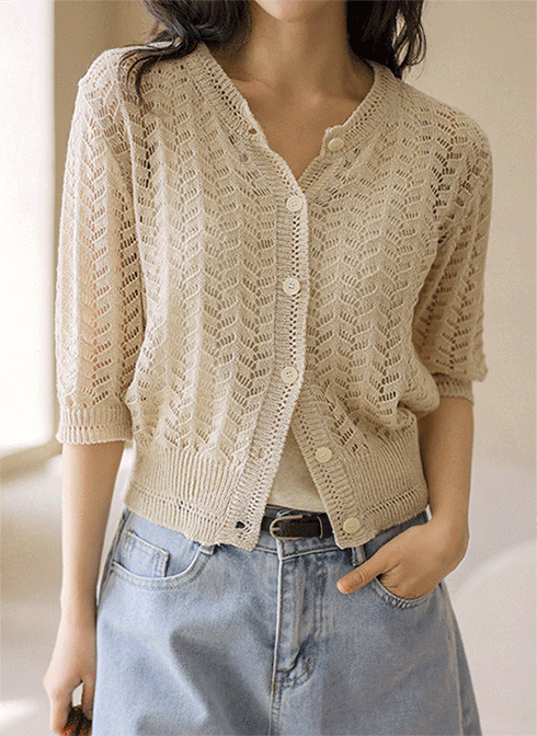 [Theonme] 린넨 스카시 물결 7부 니트 가디건