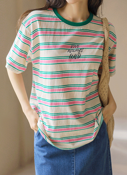 [The Onme] Candy Stripe Lettering Accent Cotton Tee