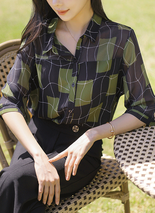 Shadow Moss Windowpane Sheer Accent Blouse