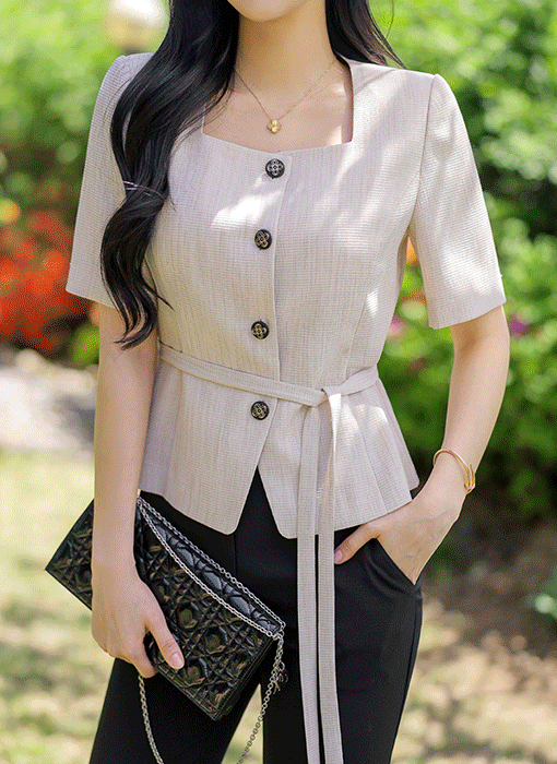 [LouisAngel] Square-Neck Textured Peplum Jacket Blouse