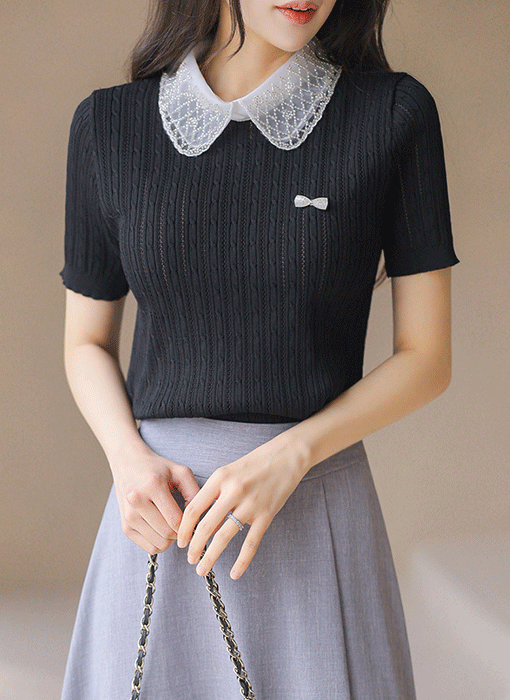Lumière Beaded Collar Ribbed Knit Top