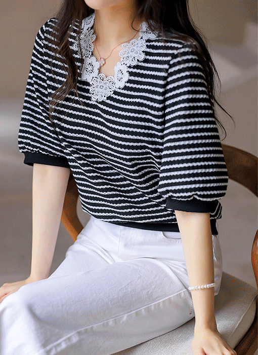 [LouisAngel] Floral Lace Neck Textured Stripe Blouse Tee