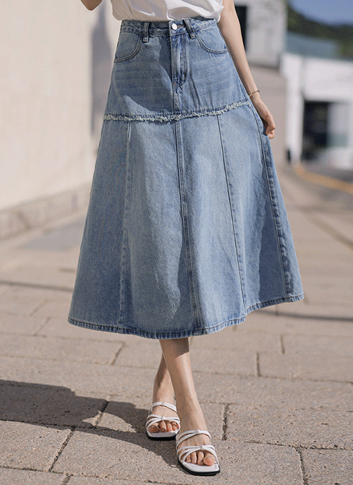 Light Wash Paneled Denim Midi Skirt