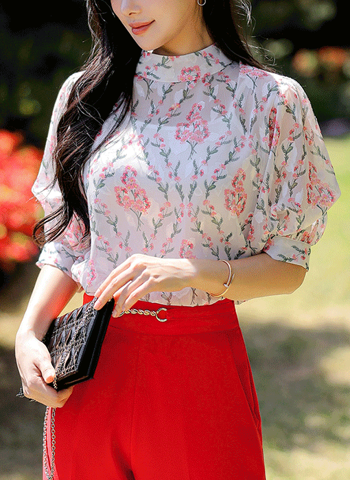 Garden Mist Jacquard Floral Chiffon Blouse