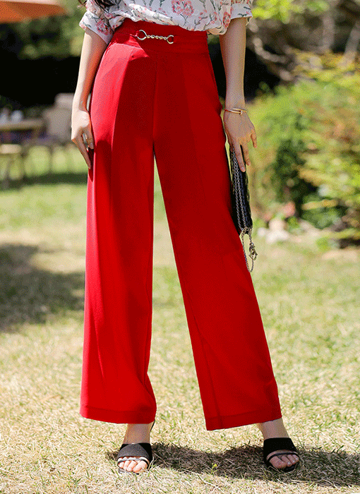 High-Waist Gold-Accent Semi Wide Slacks