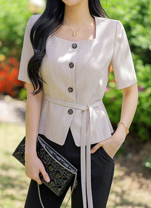 [LouisAngel] Square-Neck Textured Peplum Jacket Blouse